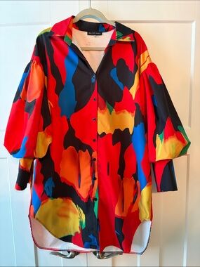 Bold Multi-Color Button-Front Balloon Sleeve Top XL